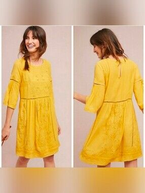Anthropologie Akemi + Kin Mustard Yellow Embroidered Mini Dress